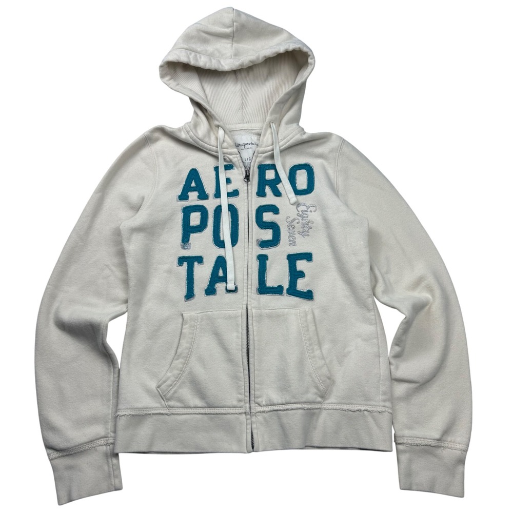 VTG Y2K Aeropostale Full Zip‎ Up Hoodie Cream Teal Embroidered Logo L Mall Core